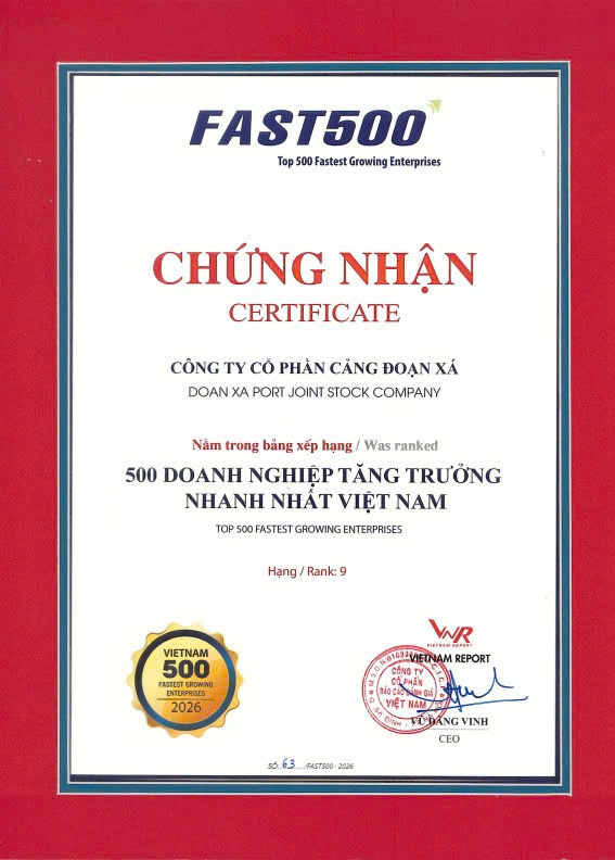 Cảng Đoạn Xá lọt Top 9 FAST500 2026 – Khẳng định chiến lược tăng trưởng chất lượng và tái cấu trúc toàn diện